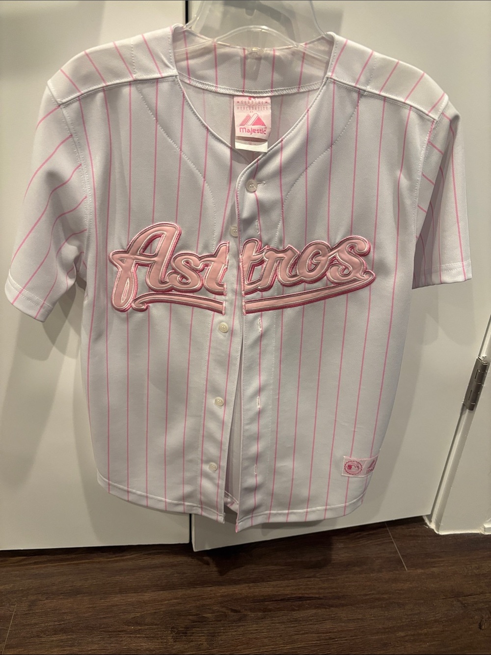 Majestic Kids White Button-Front Astros Jersey with Pink Pinstripes